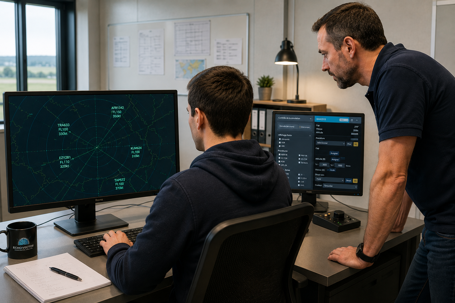 Élève contrôleur aérien en entraînement sur Echo-Vector accompagné par un instructeur